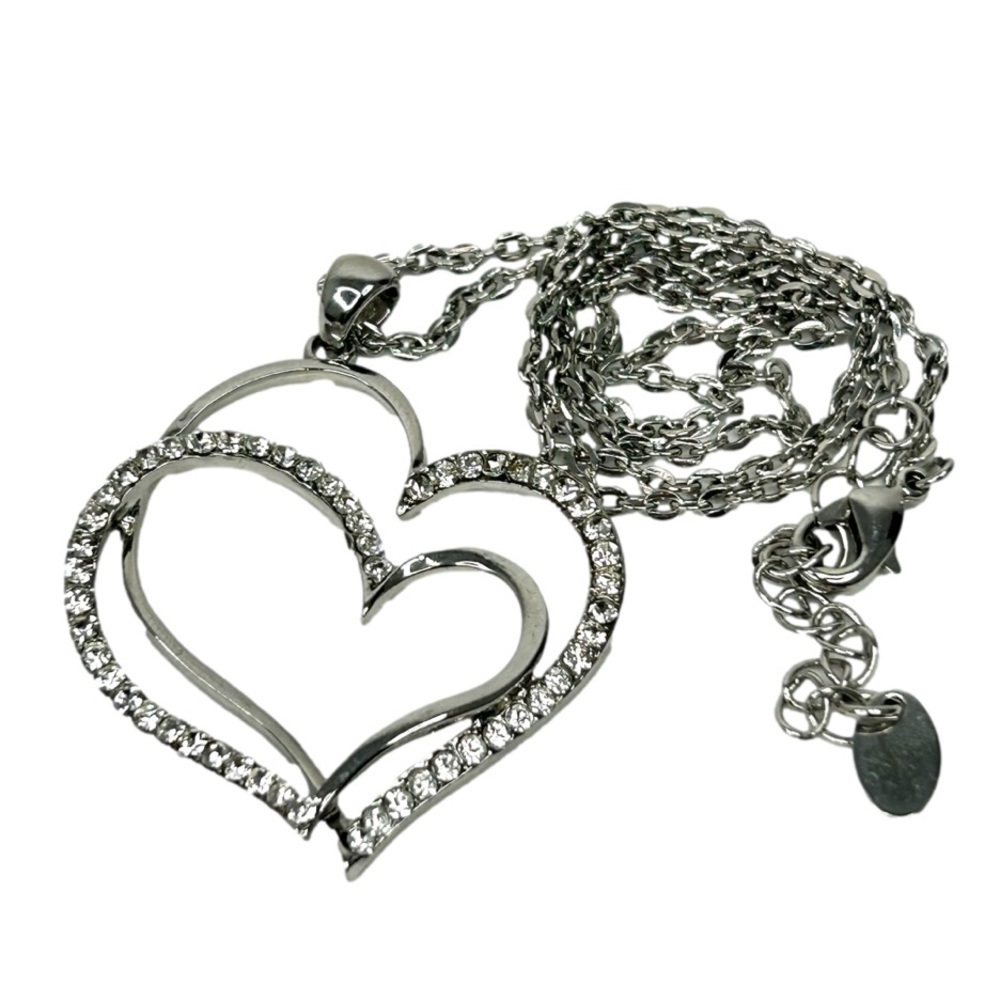 Double Heart Necklace Silver Tone with Crystals